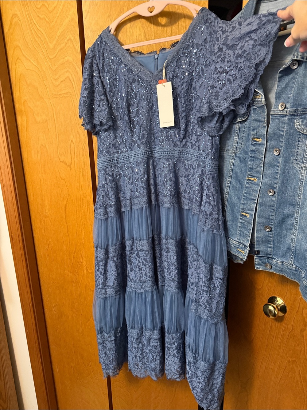 Ever Pretty Slate Blue Lace Tiered Midi Dress with Sequin Detail